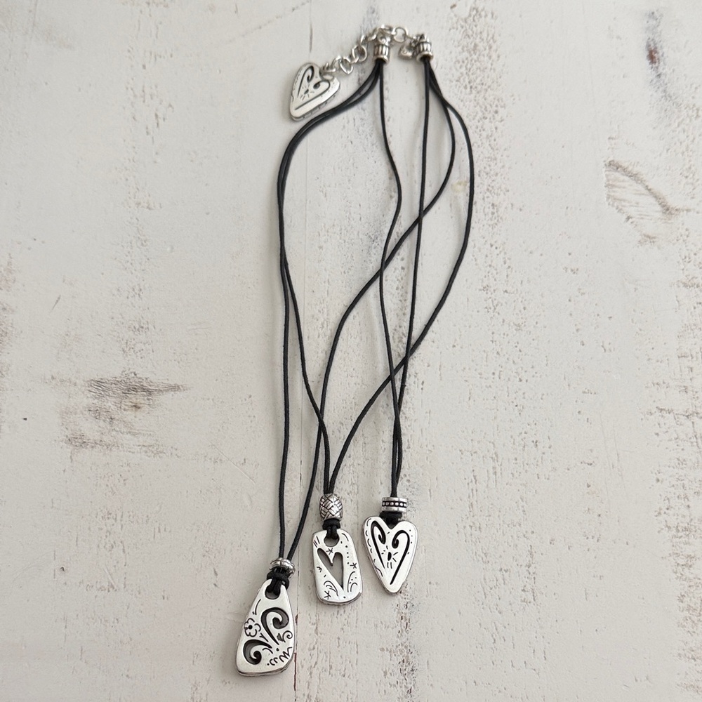 Brighton Triple Heart Charm Silver Black Cord Necklace